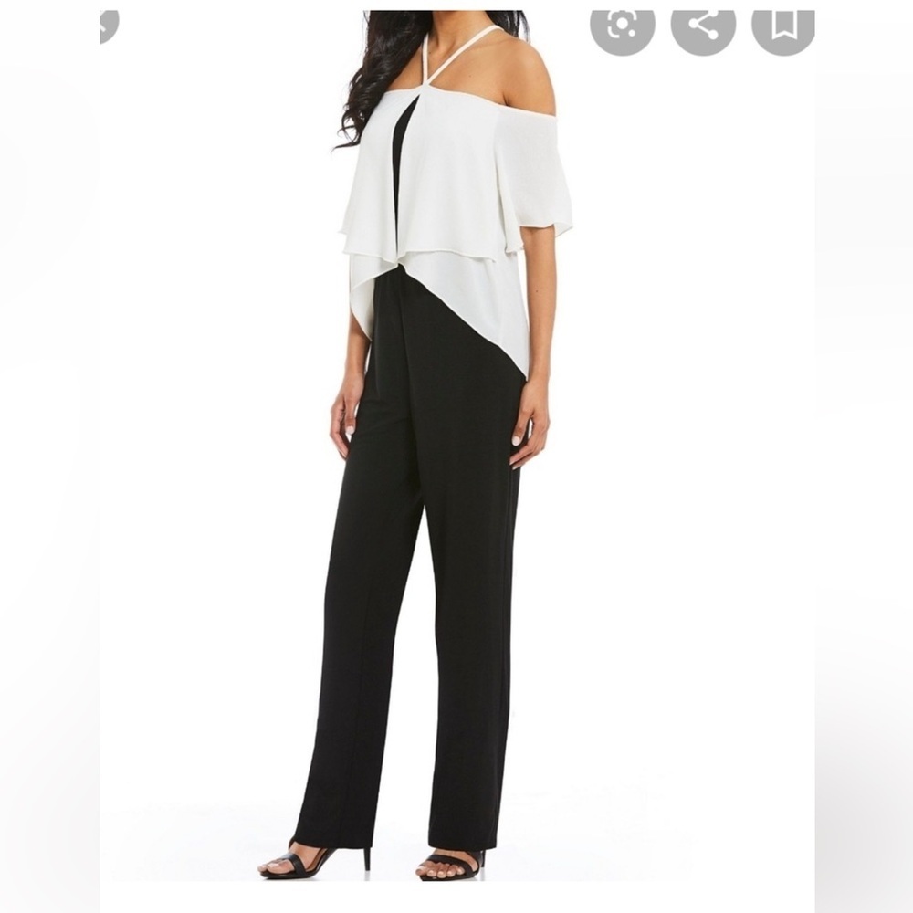 Halston Jumpsuit Medium M cold shoulder halter NEW with tags NWT black white